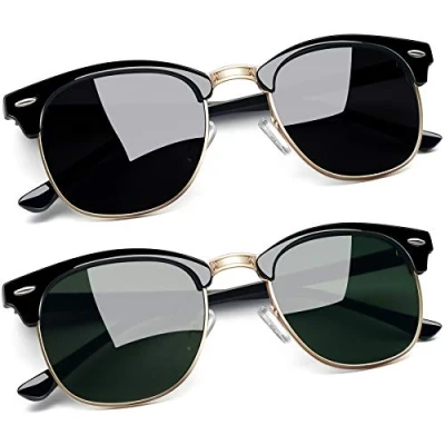 Imagen de Joopin Gafas de Sol Hombre Polarizadas Medio Marco Clásico Retro Mujer UV400 para Protección Conducción Deportes Golf 2PCS Negro Brillante+negro Mate