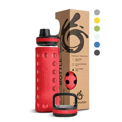 Imagen de hydro2go® Botella de Vidrio con Tapa Silicona 550 ml Apto para lavavajillas 2 Tapas Intercambiables 100% Impermeable