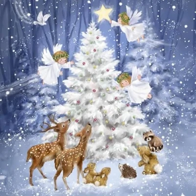 Imagen de 20 Servilletas de Navidad árbol mágico con ángeles y animales como decoración mesa. papel motivo para invierno Navidad. También decoupage 33 x