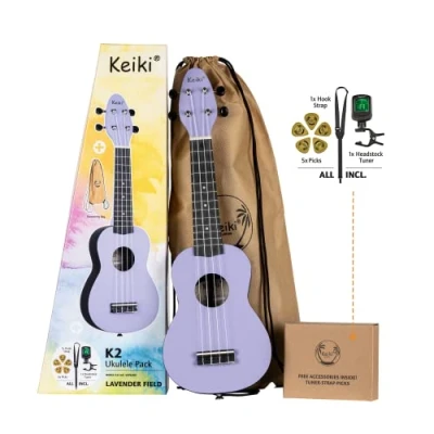 Imagen de Ortega Guitars Ukelele Soprano púrpura Keiki K2 Kit de inicio incluye afinador, correa, 5 púas medianas y bolsa dibujo pastel/lavanda (K2 LAF)