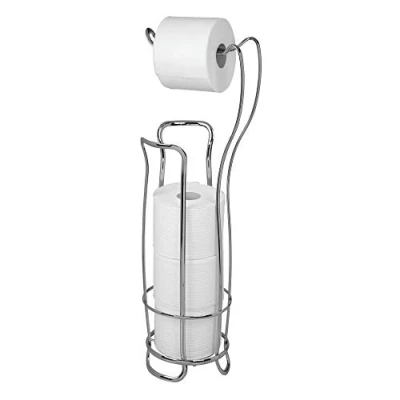 Imagen de iDesign Portarrollos de pie, estrecho soporte papel higiénico metal con cesta para rollos repuesto, dispensador 4 rollos, plateado