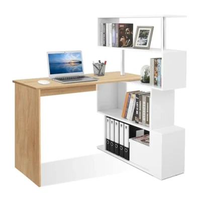 Imagen de Mondeer Escritorio para Ordenador en Forma de L, Madera, Roble Y Blanco, 157 x 45 130,5 cm