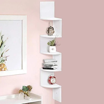 Imagen de BAKAJI estantería de Pared esquinera diseño Moderno melamina Efecto Madera con 5 estantes en ángulo, Dimensiones 123 x 20 cm (Blanco)