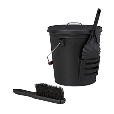 Imagen de Relaxdays Cubo Tapa y Set Barrido, 19L, Incluye Escoba Recogedor de Chimenea, Contenedor Ceniza Asa, Negro, Acero