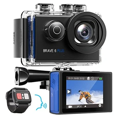 Imagen de AKASO Brave 6 Plus Cámara Deportiva 4K30FPS WiFi 20MP de Accion Pantalla Táctil, Estabilización Electrónica, Acuatica Sumergible 40M, Control por Voz, 2 Baterías y Kit Accesorios