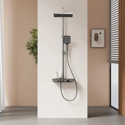 Imagen de EMKE Columna de Ducha Termostática,1127x460x360mm,Ducha Lluvia,Ducha Mano 3 Funciones,Altura Ajustable 797 1127mm,Antracita Mate,Cuerpo Cobre y Panel Vidrio, Diseño Moderno