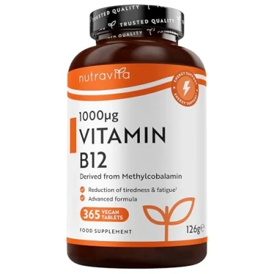 Imagen de Vitamina B12 1000mcg 365 Tabletas Veganas Alta Potencia Suministro de 12 Meses Reduce Cansancio y Fatiga, Contribuye al Funcionamiento Normal del Sistema Inmunológico Hecho por Nutravita