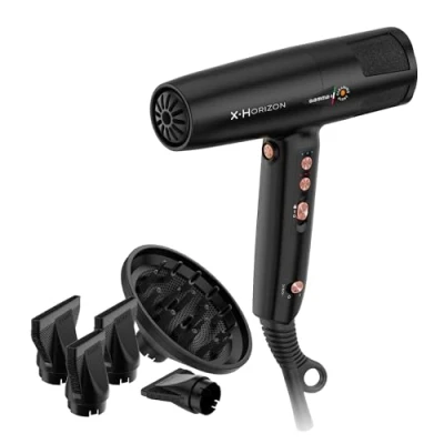 Imagen de GAMMA+ X Horizon Secador de Pelo Iónico, Profesional Ultraligero 290g, Tecnología Dual Ionic, Alert LED para Limpieza Filtro, 120.000 rpm, Made in Italy (Enchufe Schuko, Negro)