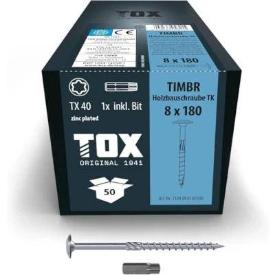 Imagen de TOX Tornillos para construcción de madera TIMBR TK 8,0 x 180 mm, galvanizados en azul con cabeza disco, TX40, 50 unidades por caja, incl. 1x broca, 1120804180180