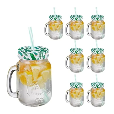 Imagen de Relaxdays Jarras con Tapa y Pajita, Set de 8, Diseño Cactus, 500 ml, Verano, Vasos Veraniegos Asa, Multicolor