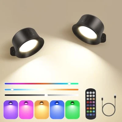 Imagen de Euakee Lámpara de Pared LED 2PCS, Luz Interior con Batería Carga USB, Lampara Control Táctil &amp; Remoto, Aplique para Dormitorio Lectura (Blanco)