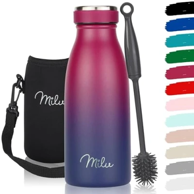 Imagen de Milu botella de acero inoxidable 350ml 500ml 750 ml 1 L 1,5 agua aislada, termo a prueba fugas, doble pared, apta para ácido carbónico + cepillo limpieza (Azul Baya, 350ml)