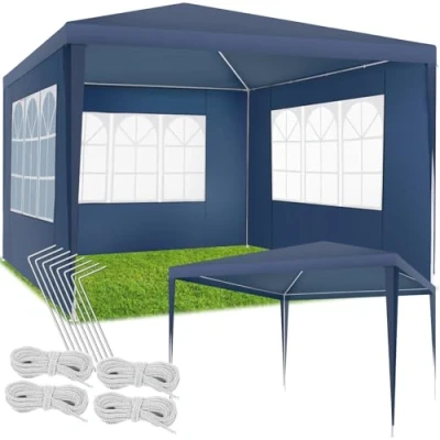 Imagen de tectake® Carpa Desmontable, Cenador Jardín, Estructura Acero, Lona Impermeable, Incluye Piquetas y Cuerdas, Pérgola Exterior, Playa, Toldo Camping, Pergolas de Jardin 3x3 m Azul