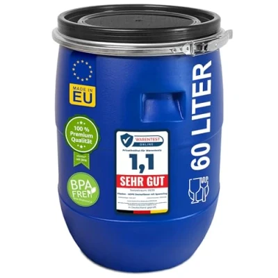Imagen de plasteo® barril de boca ancha 60 litros con tapa y anillo sujeción, apto para alimentos, sin BPA, plástico, universal, agua, lluvia,