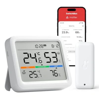Imagen de SwitchBot Bluetooth Estación Meteorológica para Hogar Sensor Exterior Inalámbrico, Monitor Temperatura/Humedad con Fecha y Previsión Meteorológica, 120m Bluetooth, Archivo de Datos Gratis Exportar