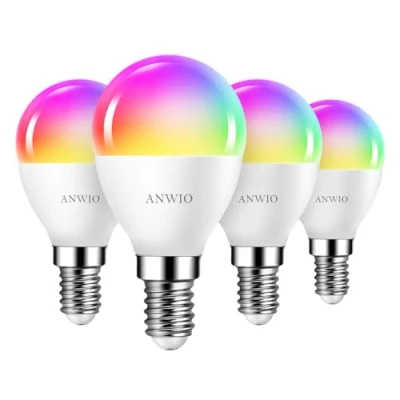 Imagen de ANWIO 4x Bombillas Inteligentes E14 5W LED RGB Bluetooth WiFi, P45 Equivalente a 40W, 470 Lúmenes, Funciona con Alexa, Google Home y Smart Life.