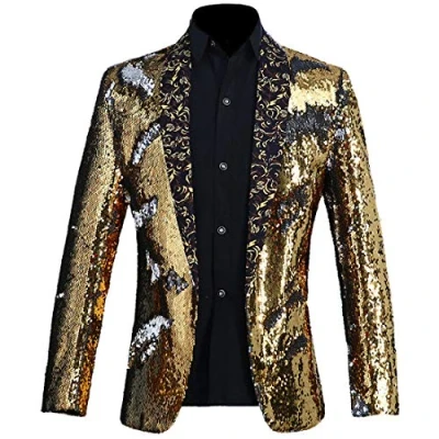 Imagen de PYJTRL Hombres Elegante Dos Colores conversión Brillante Lentejuelas Chaqueta Traje (XS, Oro Y Plata.)