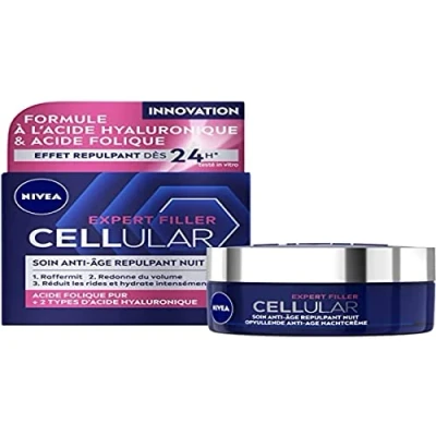 Imagen de NIVEA CELLULAR Expert Filler cuidado nocturno (1 x 50 ml), crema facial antienvejecimiento reafirmante enriquecido con ácido fólico puro y hialurónico, repelente para pieles maduras