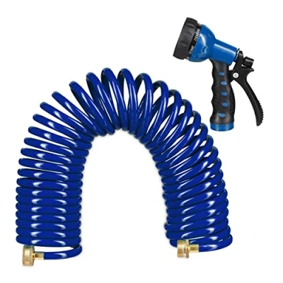 Imagen de Relaxdays Manguera Espiral, Extensible hasta 10 Metros, Manga de Jardín con Pistola Riego, 7 Tipos Chorro, Azul, 25 x 52 15 cm