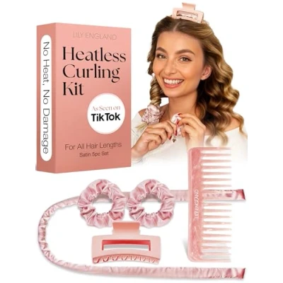 Imagen de Lily England Juego de rizadores sin calor, diadema rizadora pelo, rizos calor para cabello largo y corto, durante la noche, rellenos calcetines