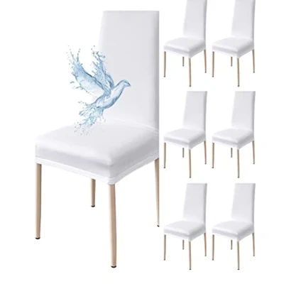 Imagen de Poligino Fundas Sillas de Comedor Pack 6 Impermeable, para Elástica, Suave y Confortable, Blanco Puro