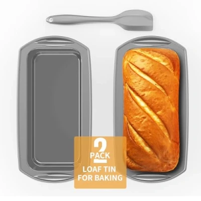 Imagen de Ankway Molde de Silicona para Pan Rectangular con Raspador Masa, Juego 2 Moldes Antiadherentes Pasteles y Panes, 28x14.3x6.3cm, Gris