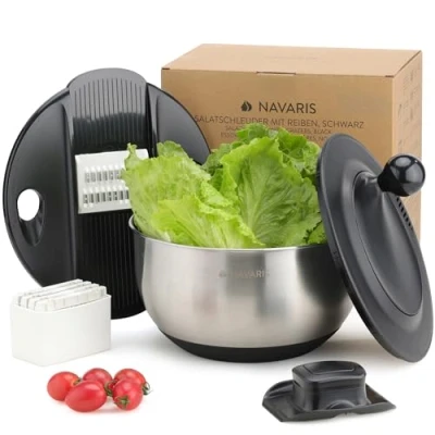 Imagen de Navaris Escurridor de Ensaladas con Tapa Acero Inoxidable Secador Facil Lavar Secar y Centrifugar Rallador Discos Cortantes