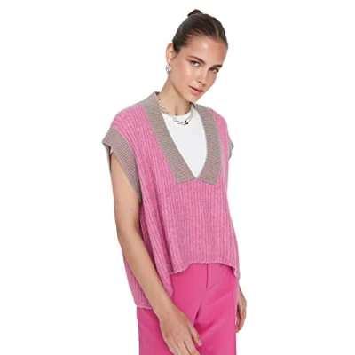 Imagen de Trendyol Chaleco de Punto estándar con Cuello en V para Mujer Suéter, Rosa, S