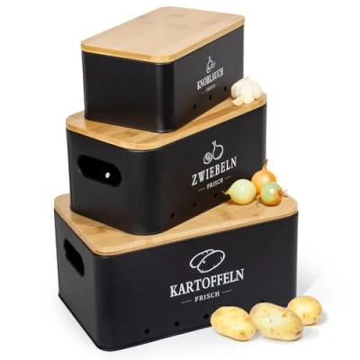 Imagen de Theo&amp;Cleo Juego de 3 cajas almacenamiento para patatas, cebollas y ajos, mantiene frescas durante más tiempo (negro mate)