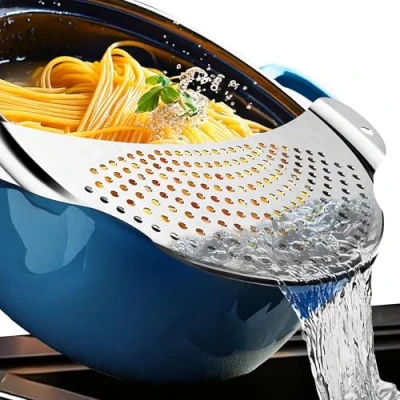 Imagen de 4smile colador de pasta acero inoxidable como ayuda para verter ollas hasta 26 cm diámetro plano que ahorra espacio, funcional pasta, patatas,