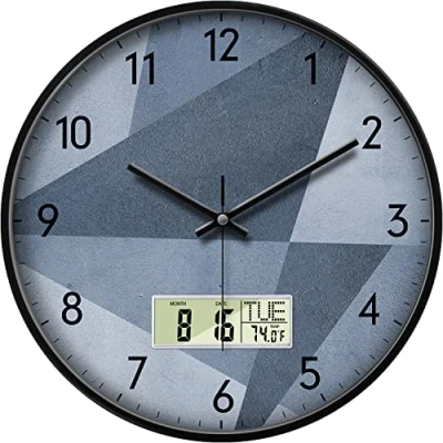 Imagen de Moderno reloj de pared silencioso sin tictac, color gris, para decoración sala estar, pantalla grande digital, funciona con pilas, fecha y día la semana, temperatura,