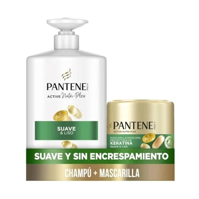 Imagen de Pantene Pro V Suave Y Liso Champú 1000ml Dispensador, Mascarilla Protectora De Keratina 500ml, Pelo Encrespado Apagado