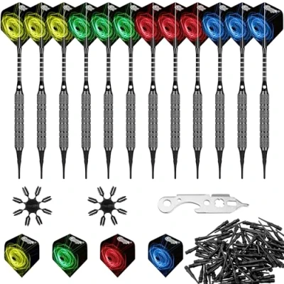 Imagen de CyeeLife 12 Dardos Punta de Plastico 18g, 100 Puntas+12 Ejes Aluminio+16 Plumas con+Herramienta Negro