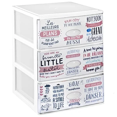 Imagen de COM FORT HOUSE Cajonera Apilable de Plástico Efecto Cristal Modelo Textos Color Blanco 3 Cajones Almacenamiento Modular (380 x 370 473 mm)