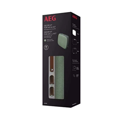 Imagen de Kit de decoración AEG AKITW1 compatible con purificadores aire AX51 y AX71, frontal textil reciclado primera calidad, mango piel sintética vegana, patas madera roble, verde/marrón