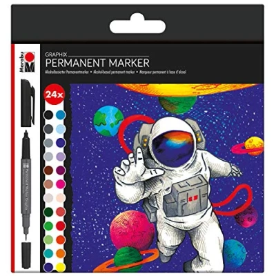 Imagen de Marabu 0147000000102 Juego de 24 rotuladores permanentes Hero of Galaxy, con doble punta 1 2 mm y 0,5 mm, colores brillantes, tinta a base alcohol, secado rápido, sin olor resistente al agua