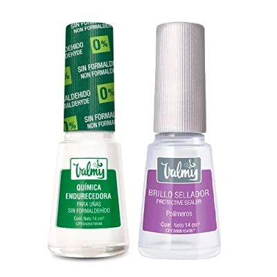Imagen de VALMY Pack Tratamiento Fortalecedor de Uñas: Química Endurecedora + Top Coat Brillo Sellador, Esmaltes Protectores y Endurecedores, Ideal para Uñas Frágiles, 14 ml c/u (2 unidades)