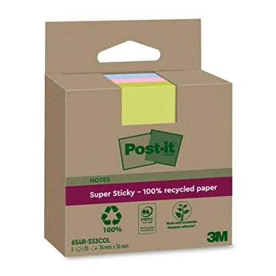 Imagen de Post it Super Sticky Notas Recicladas, 3 Blocs, 70 Hojas por Bloc, 76 mm x mm, Rosa, Verde, Azul Extra Adhesivas Fabricadas con Papel 100% Reciclado