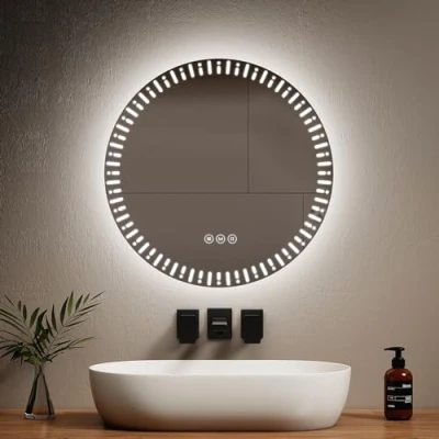 Imagen de EMKE Espejo Redondo baño LED retroiluminado, diámetro 60 cm, con antivaho+Interruptor táctil+3 Colores de luz Variable, Decorativo Moda,Espejo