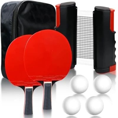 Imagen de Sporgo juego de raquetas ping pong con red móvil extensible, 2 pong, 4 pelotas y 1 bolsa, profesional para juegos
