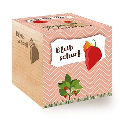 Imagen de Feel Green Celebrations Ecocube, Chili Habanero, Cubo de Madera con Grabado láser «Bleib Scharf», Idea Regalo sostenible, Set Cultivo Fabricado en Austria