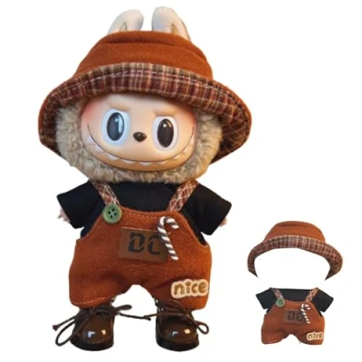 Imagen de Labubu Ropa para Muñeca de 17cm. Conjunto y Accesorios Peluche, Camiseta Negra, Peto Sombrero marrón (Peluche no Incluido).