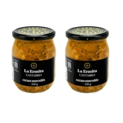 Imagen de LA ERMITA Cocido Montañés Tradicional, Receta Cántabra con Alubias, Berza y Compango, Sin Gluten ni Alérgenos, Tarro de Vidrio 550 g (Pack 2 unidades)