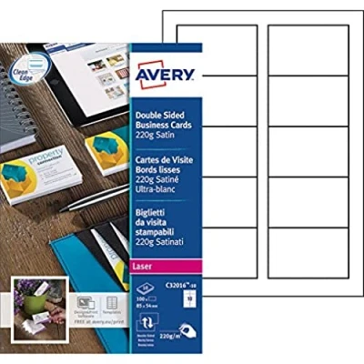 Imagen de Avery C32016 10 Tarjetas de visita para impresoras láser color y monocromáticas (100 unidades, bordes suaves aspecto satinado, 220 g/m², 85 x 54 mm)