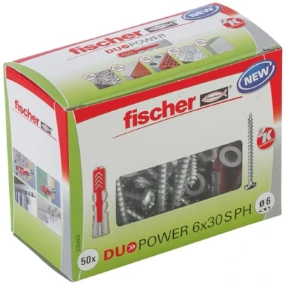 Imagen de fischer DUOPOWER 6 x 30 S PH, 50 tacos y tornillos para pared universales con tornillo de cabeza plana, 2 componentes, taco plástico fijación en hormigón, ladrillo, piedra, cartón yeso