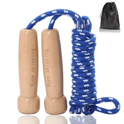 Imagen de Cuerda para Saltar Skipping Rope Ajustable con Mango de Madera niños y Adultos, Adecuado el Juego Escolar o Actividad al Aire Libre, Longitud 9.8Ft/3M (Azul)