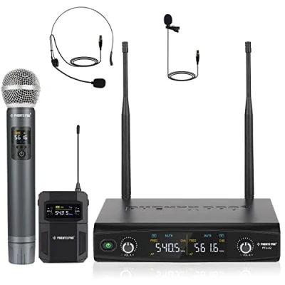 Imagen de Phenyx Pro Sistema de micrófono inalámbrico, con Mano/bodypack/Auriculares/micrófonos Solapa, 2 x 30 Frecuencias UHF, inalámbrico para Cantar, Karaoke, DJ (PTU 52B)
