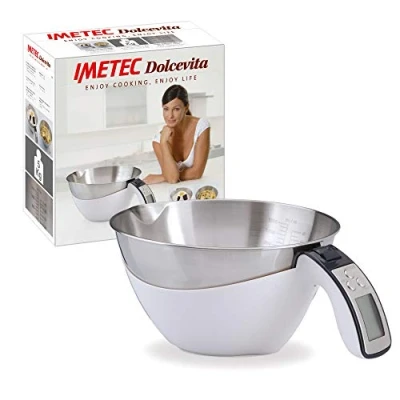 Imagen de Imetec Dolcevita ES4, Báscula Electrónica de Cocina, Pesa Sólidos y Líquidos, Recipiente Extraible, Graduada, Capacidad 5 Kg, División 1 g, Función Tara, Pantalla Digital, Apagado Automático