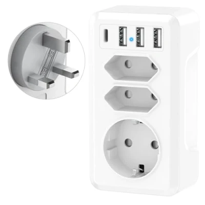 Imagen de 7 en 1 Adaptador Enchufe UK Ingles Inglaterra, Español a Universal con 3 USB y C, de Viaje Tipo G para Irlanda,Inglaterra,Escocia