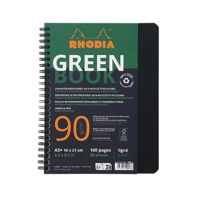 Imagen de Rhodia 119915C Rhodiactive Greenbook ligné 5/5 avec cadre en tête, A5+ reliure intégrale, 160 pages microperforées, perf.6 trous, papier recyclé 90g FSC®